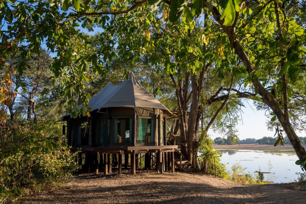 A canvas tent under trees on the banks of the Luangwa River