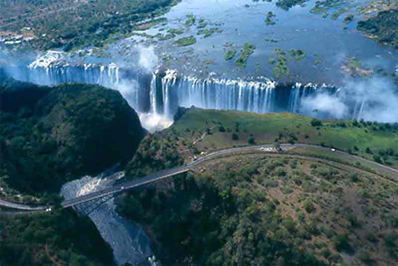 An aerila view of Victoria Falls, a top attraction in Zambia