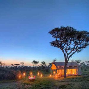 A safari tent in teh bush lit up with lanterns at night