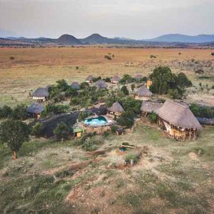 Lodge buildings on the plains of the Kidepo Valley